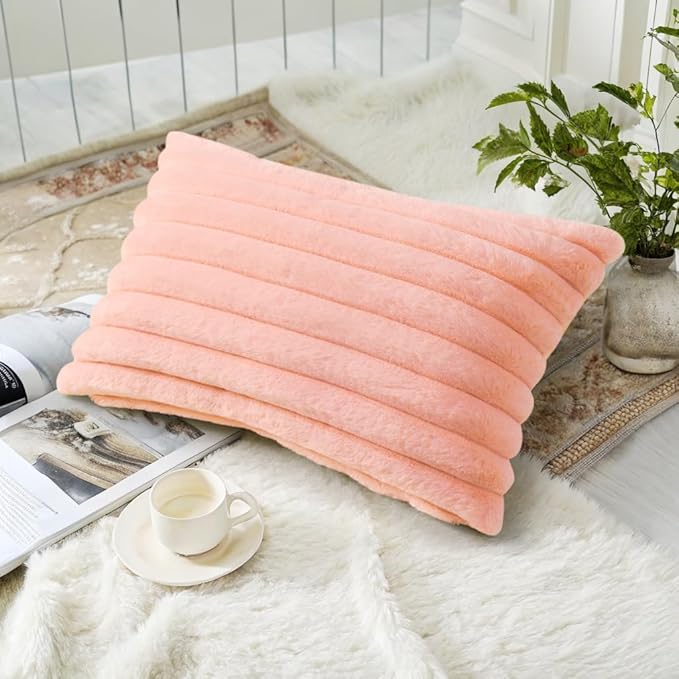 decorUhome Faux Fur Spring Throw Pillow Covers 12x20 Set of 2, Decorative Soft Plush Striped Lumbar Neutral Couch Pillow Covers with Velvet Back for Sofa, Bed, Living Room Home, Blush Pink