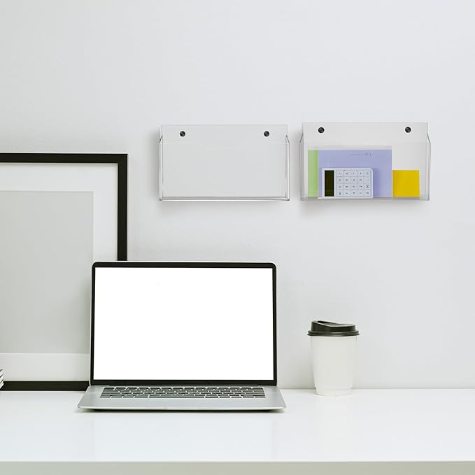 2Pcs Clear Acrylic File Holder Wall Mount Mail Magazine Organizer File Holders with Screw Wall Pocket Office Document Storage Rack Magazine Letter Brochure (14"x8.3"x2.4",Widening Horizontal)