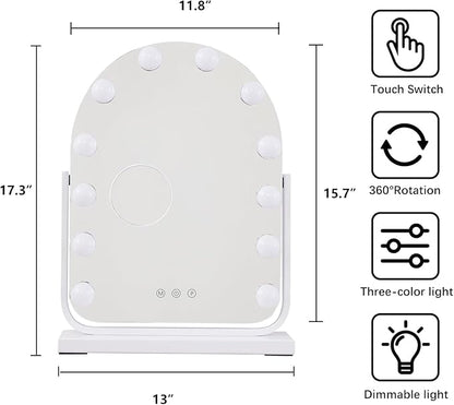 Makeup Mirror with Lights-3 Modes,Smart Touch Control,Detachable 10X Magnification,15.7"×11.8" Hollywood Vanity,360° Rotation （White）