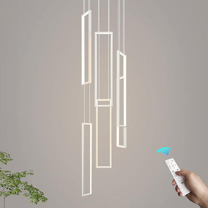Modern Adjustable Height Pendant Light White 108W LED Pendant Lights 6 Rings Rectangular Chandelier Staircase Large Chandelier Lobby Living Room Kitchen Island Foyer High Ceiling Chandeliers