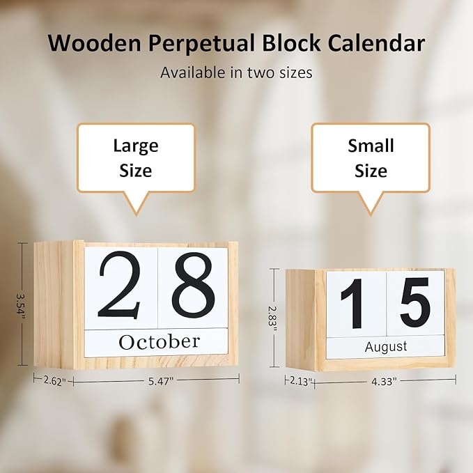 Wooden Block Calendar for Desk, Small Size Daily Desktop Perpetual Desk Calendar, Cute Date Display Desk Accessories for Home Office Decor, Teacher, Classroom, Reusable Yearly, Wood Grain