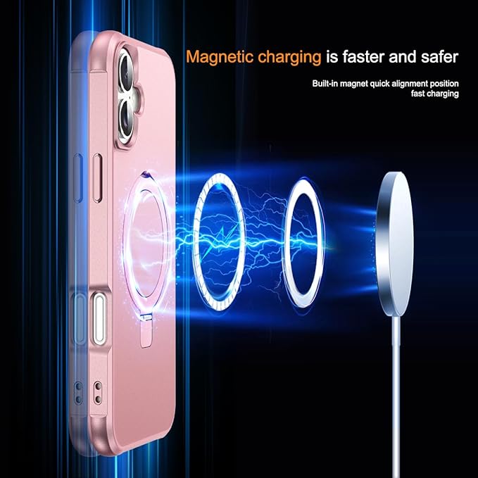 Compatible with iPhone 16 Case with Invisible Magnetic O-Ring Stand Military-Grade Case for iPhone 16 6.1" [Compatible with Mag-Safe][Great Grip Feeling], Rose Gold