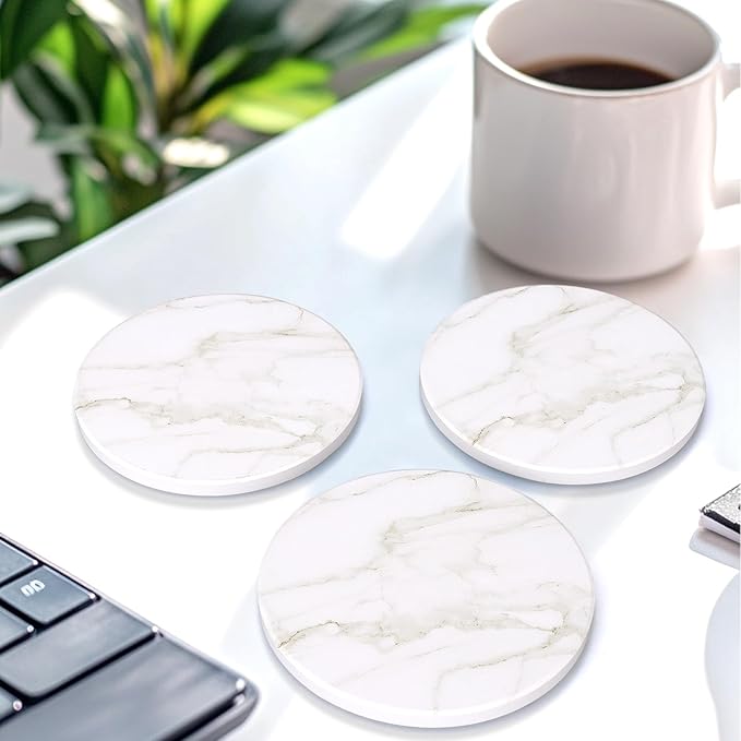 White Marble Coasters Set of 6 Best Round Ceramic Absorbent Coasters with Holder Coffee Cup Coaster Modern Drink Coaster for Bar, Table, Desk