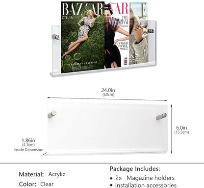 2-Pack Acrylic Magazine Holder - 24 Inch Clear Wall Mounted Floating Bookshelf for Brochures,Records & Books,Modern Storage Rack for Office,Living Room,Waiting Room(Clear,24 Inch)