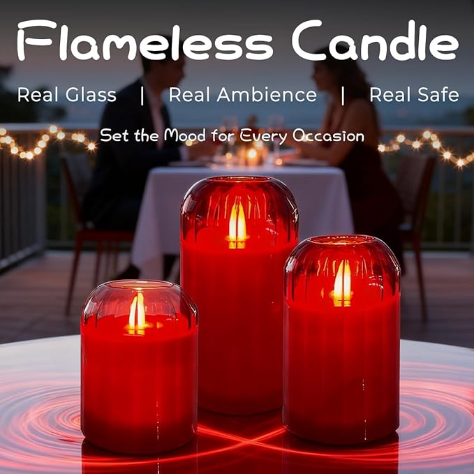 Rechargeable Flameless Candle, Flashing LED Pillar Real Wax Candle with Remote Control and Timer, Red Glass Electronic Candles for Room Decoration, 1 Set of 3