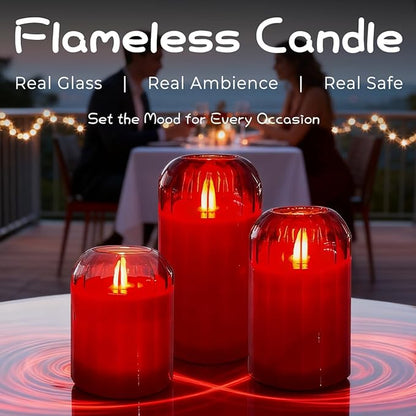 Rechargeable Flameless Candle, Flashing LED Pillar Real Wax Candle with Remote Control and Timer, Red Glass Electronic Candles for Room Decoration, 1 Set of 3