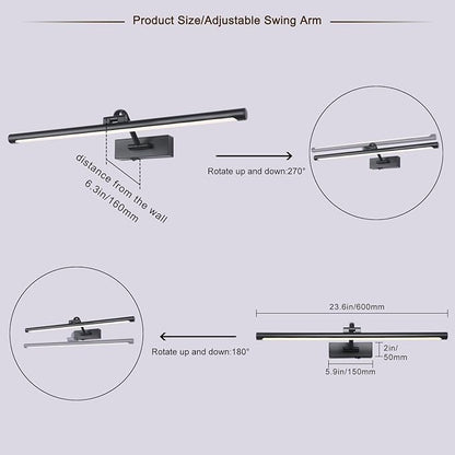 23.6 Inch Battery Operated Picture Lights for Wall Rechargeable Art Lighting for Paintings Wireless Gallery Lights with Remote Control and Dimmable Timed Off Black Wall Lights