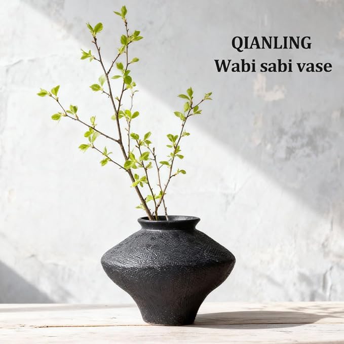 Wabi Sabi Vintage Black Vase, 6.1" Tall Wabi Sabi Decor Rustic Farmhouse Pottery Vase for Centerpiece, Textured Pottery Flower Vases for Home Decorative, Table, Living Room, Bedroom, Bathroom, Kitchen