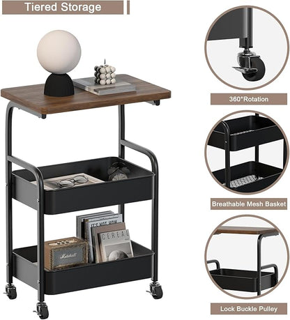 Rolling Cart with Wooden Tabletop 3-Tier Metal Utility Rolling Cart Storage Organizer with Lockable Wheels for Kitchen, Office, Bedroom