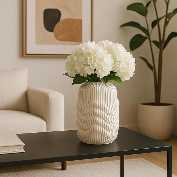 Ceramic Vase for Office and Room Decor – 3D Printed Ribbed Elegant Flower Vase for Bedroom, Table, and House Setting – Minimalist Accent for Home and Living Room Decor – 12” Ivory