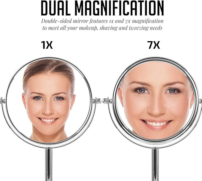 OVENTE 6'' Tabletop Makeup Mirror with 1X/7X Magnification, 360° Swivel Design, Double-Sided Free-Standing Vanity Mirror Perfect for Dresser, Bedroom and Office Desk, Polished Chrome MNLT60CH1X7X