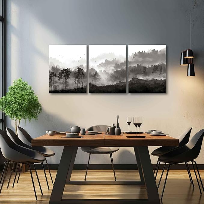 YJYart Bathroom Art Wall Decor Misty Forest Pictures Home Wall Decor for Bedroom Kitchen Office Modern Artwork 12"x 16" x 3 Piece