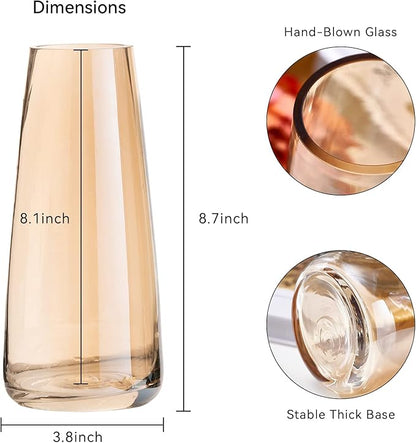 Ekirlin Modern Glass Vase, 8.7 inch Irised Crystal Clear Glass Vase, Thickened Hand Blow Flower Vase Round Bottles for Home Decor, Bookshelf, Room, Office Decor (Crystal Amber)