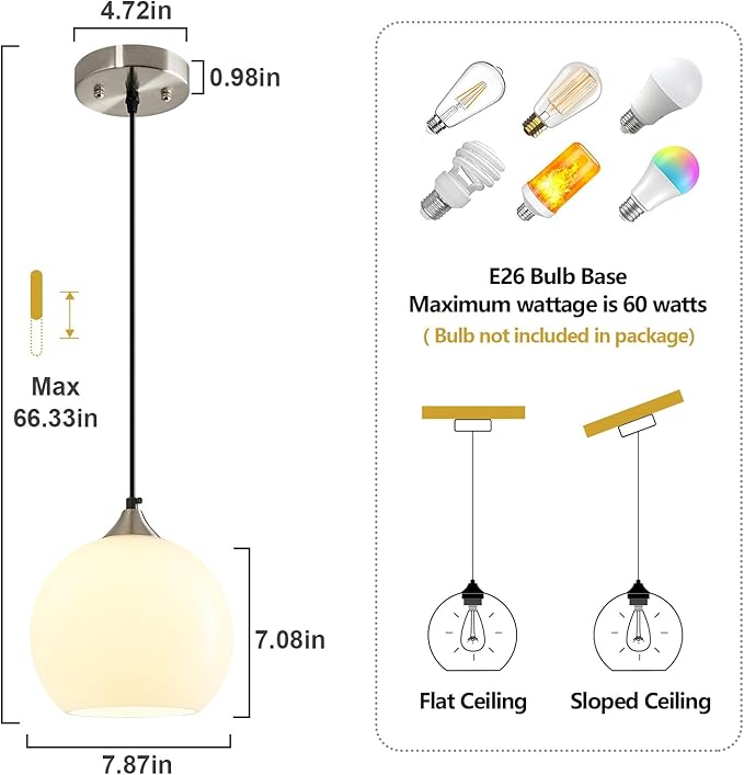 Milky Luster Glass Pendant Lights Kitchen Island Globe Pendant Light Fixtures Modern Pendant Lighting for Bedroom Living Dining Room Light Fixture (7.87 in, 3 Pack)
