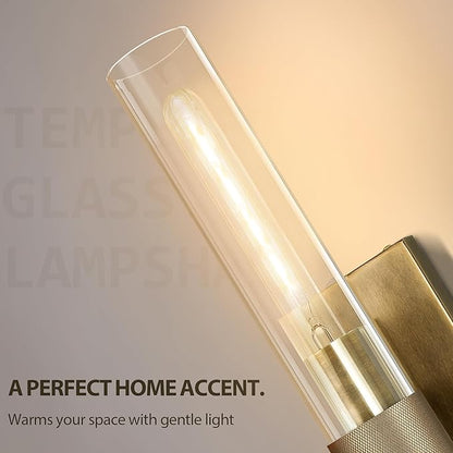 Wall Sconces Set of Two, Gold Bathroom Sconces Wall Lighting with Clear Glass, Modern Sconces Wall Decor Light Fixtures for Bathroom Mirror Living Room Hallway Bedroom