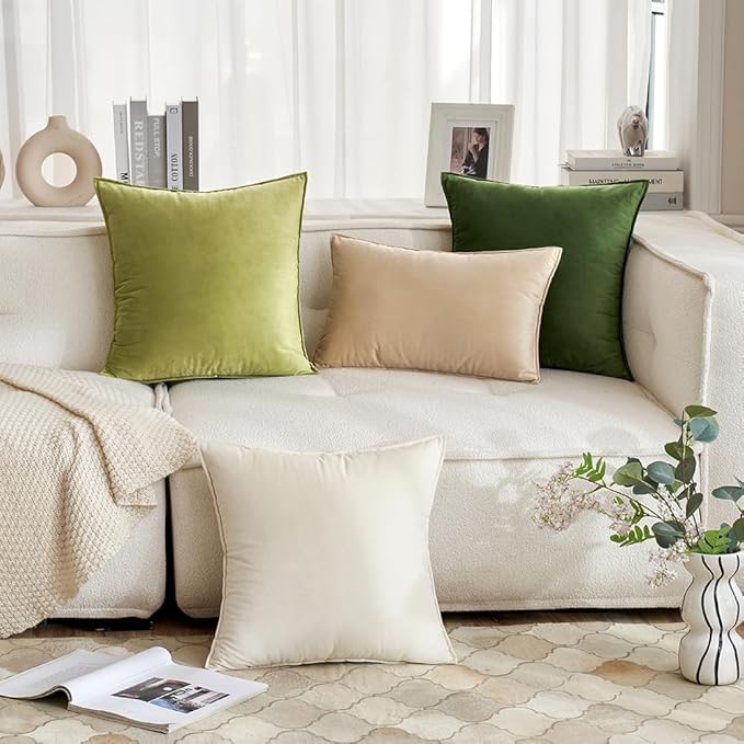 MIULEE Beige Decorative Velvet Throw Pillow Covers Soft Pillow Covers Soild Square Cushion Case for Summer Sofa Bedroom 18x18 Inch 45x45 cm