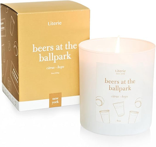 Literie NYC Inspired Scented Candle: Beers at The Ballpark - Citrus & Hops Scent, 9oz, 50 Hour Burn, Vegan Soy & Coconut Blend Candle for Home Decor, Gift for Women & Men