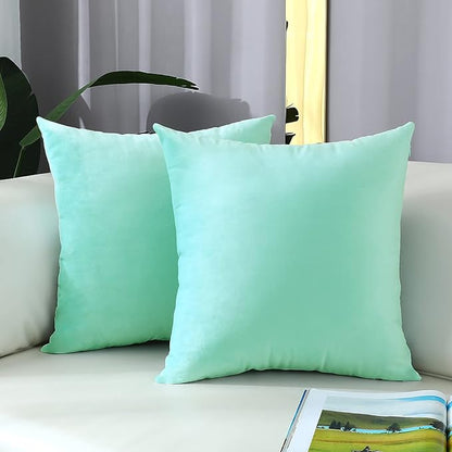 mixeoo Comfy Mint Green Throw Pillow Covers Decorative Square Solid Thick Velvet Super Soft Cushion Cases Home Decor for Sofa Couch Living Room Chair, Set of 2, 18 x 18 Inch
