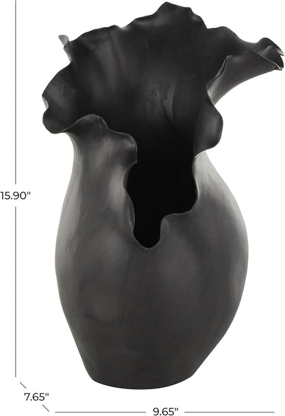 Deco 79 Ceramic Abstract Decorative Vase Floral Inspired Centerpiece Vase with Wavy Edge, Flower Vase for Home Decoration 10" x 8" x 16", Black