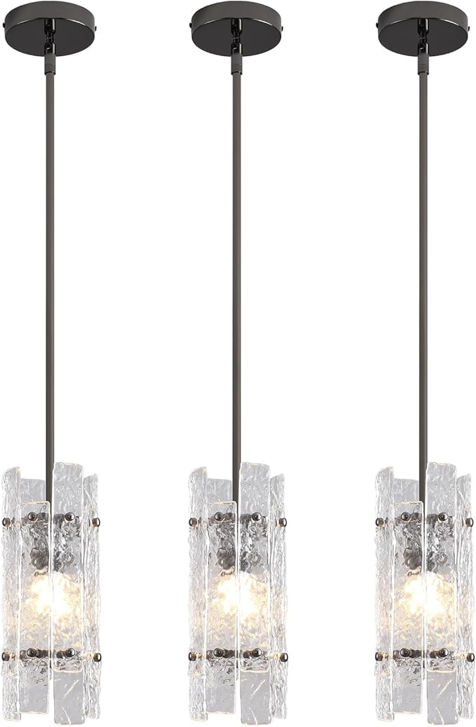 Pearl Black Crystal Pendant Light for Kitchen Island, Luxury Mini Water Ripple Glass Chandelier Fixture, Modern round Adjustable Hanging Pendant Lighting for Dining Room Bathroom Hallway (3-Pack)