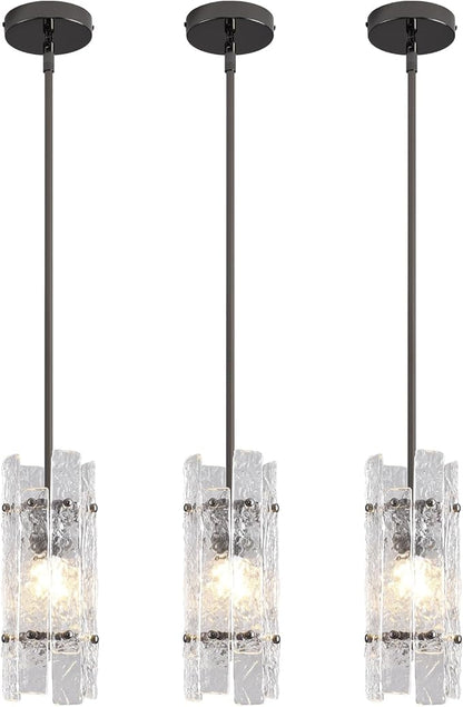 Pearl Black Crystal Pendant Light for Kitchen Island, Luxury Mini Water Ripple Glass Chandelier Fixture, Modern round Adjustable Hanging Pendant Lighting for Dining Room Bathroom Hallway (3-Pack)
