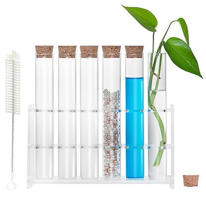 6pcs 60ml Glass Test Tube with Cork Stopper, 25x180mm Storage Tube with Cap, 6 Holes Acrylic Rack, Plant Propagation Vase, Tube Set for Scientific Experiments Lab Candy Liquid Party Decor