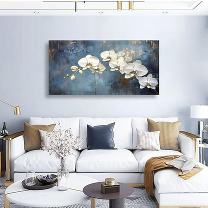 Abstract White Butterfly Orchid Canvas Wall Art for Living room Office Bedroom Flowers Wall Art Print Oil Paintings Modern Blue Gold Rain Mist Pictures Wall Decor Artwork Ready to Hang - 70in * 35inch