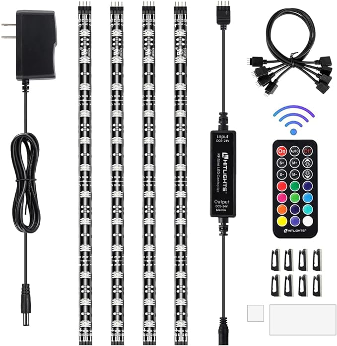 HitLights LED Strip Lights, 4 Pre-Cut Waterproof RGB Small LED Light Strip Kit Dimmable Color Changing SMD 5050 LED Tape Light with RF Remote, UL-Listed Power Supply and Connectors for TV Bedroom Home