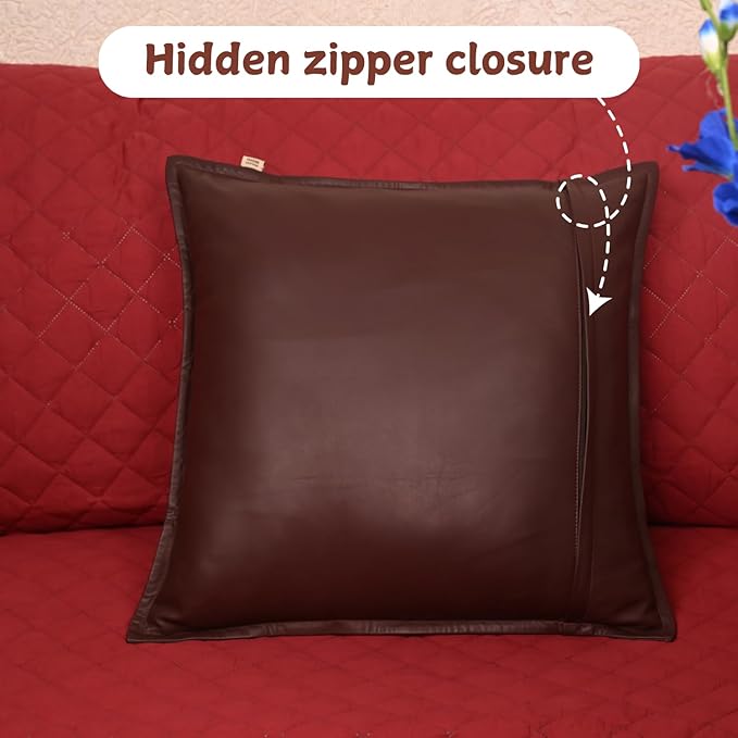 Lambskin Leather Pillow Cover - Sofa Cushion Case - Decorative Throw Covers for Living Room & Bedroom, 14x14 Inches - Dark Maroon Box Pack of 1