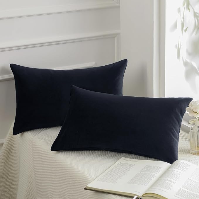 Phantoscope Pack of 2 Velvet Decorative Throw Decorative Pillow Cover Soft Solid Square Cushion Case for Couch Black 12 x 20 inches 30 x 50 cm