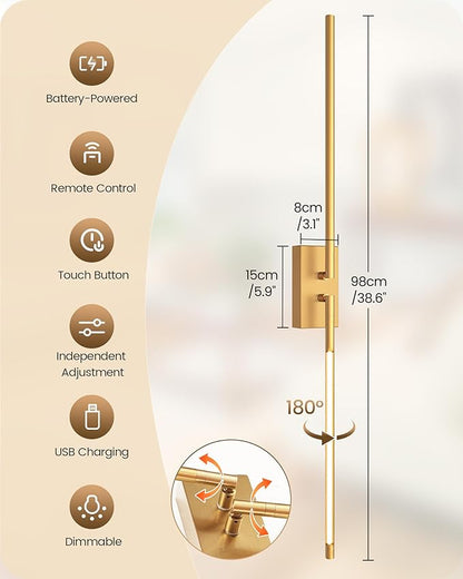 38.6" Wireless Battery Operated Wall Sconces Set of Two,Rechargeable Lamp with Remote, DIY Rotation, 10000mAh Battery, Touch Dimmable Lights for Living Room Hallway Bedroom, Gold D08YBP205