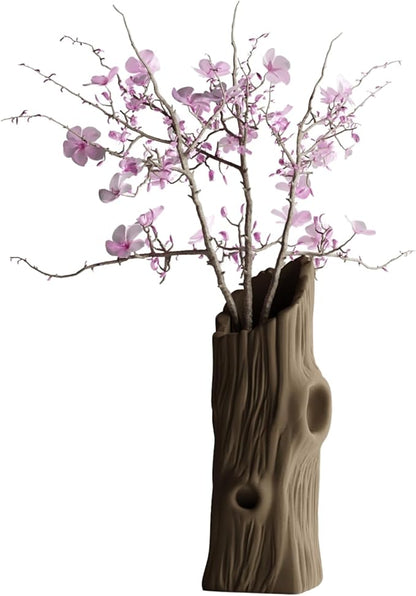 3D Printed Tree Trunk Vase, Realistic Bark Texture Sculptural Vase, Asymmetric Planter for Dried Flowers, Natural Wood Look Home Decor (2.87"x 2.76" x 7.87")