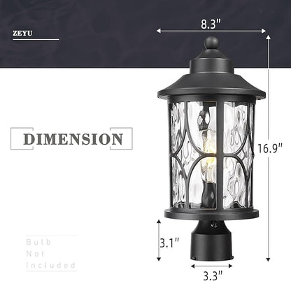 zeyu Pillar Light Outdoor, 16.9 Inch Dusk to Dawn Outdoor Light Fixture Post with Photocell Sensor, Exterior Post Lamp with Water Ripple Glass, ZX48MP PC WG BK