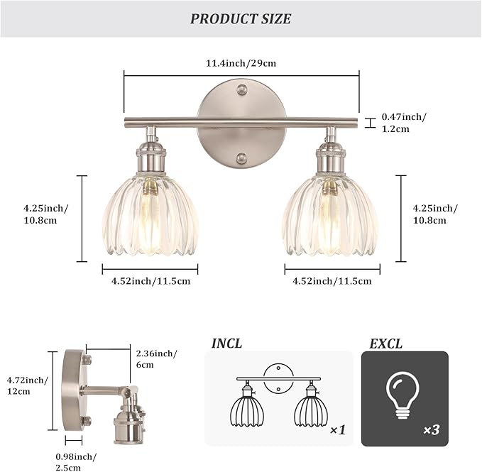 Bathroom Light Fixtures, 2-Light Vanity Wall Light Over Mirror with Clear Tulip Glass Shade for Bedroom Living Room (Bulb Not Included), Satin Nickel