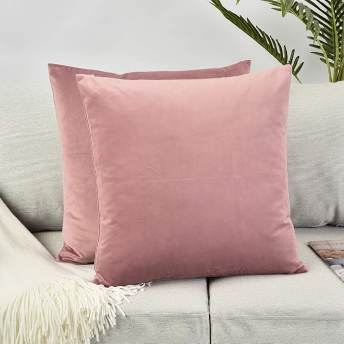 Set of 2 Comfortable Throw Pillow Cover for Bedding, Decorative Accent Cushion Sham Case for Couch Sofa, Soft Solid Velvet with Zipper Hidden - 20"x20", Mauve Pink