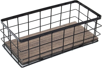ROSE BLOOM Small Metal Wire Storage Basket, Decorative Wood Base Organizer Bins for Bathroom, Kitchen, Laundry Room, Pantry, Basket for Toilet Paper, Fruits, Spices（1 Pack