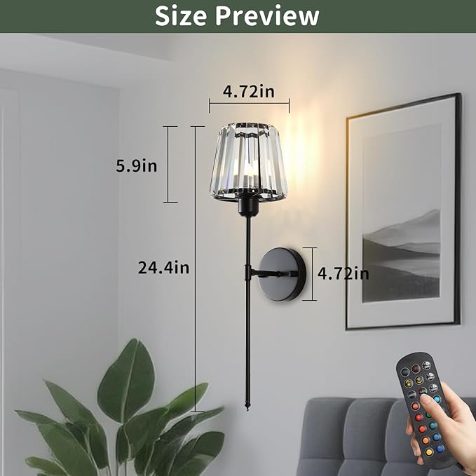 Battery Operated Crystal Wall Sconce Set of 2, Matte Black Wireless Wall Light with Remote Control, LED Dimmable 15 Colors USB Rechargeable Light Bulbs Wall Lamp for Bedroom Living Room Hallway