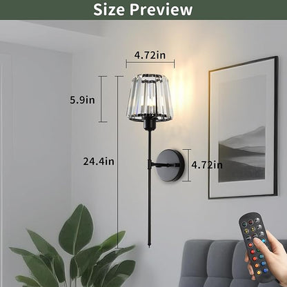 Battery Operated Crystal Wall Sconce Set of 2, Matte Black Wireless Wall Light with Remote Control, LED Dimmable 15 Colors USB Rechargeable Light Bulbs Wall Lamp for Bedroom Living Room Hallway