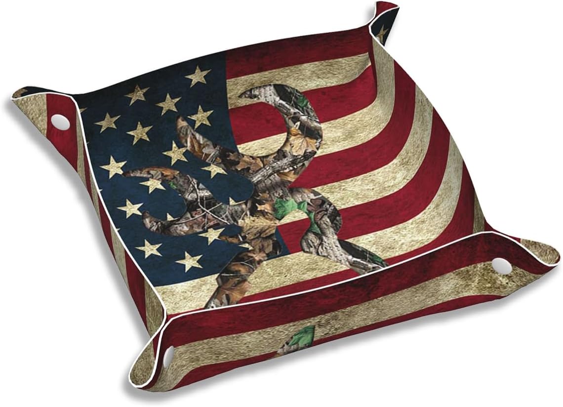 Valet Tray Gifts for Men Husband Boyfriend – Catchall Bedside Vanity Tray, Nightstand Caddy Leather Holder for Keys, Wallet, Coins, Trinkets & Jewelry Camo Deer American Flag Hunting 019
