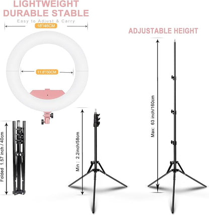Ring Light 18 INCH Kit,55W6700k Dimmable LED Light, Tripod Stand, Remote Controller,Box for Camera,Smartphone,YouTube,TikTok,Self-Portrait Shooting,CRI95 (Pink)
