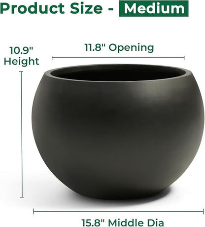 Fiberstone Sphere Planter, Black 15.8" Dia Round Flower Pot with Drainage Hole and Removable Plug, Round Plant Pot for Indoor Outdoor Use, 11.8" Opening-10.9" H, Medium