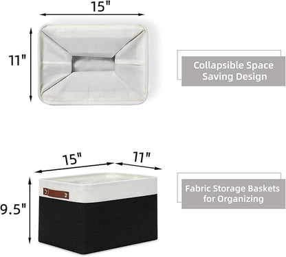HNZIGE Large Storage Baskets (3 Pack) - Fabric Bins with Leather Handles, Foldable for Organizing Clothes, Toys (Black & White, 15" x 11" x 9.5")