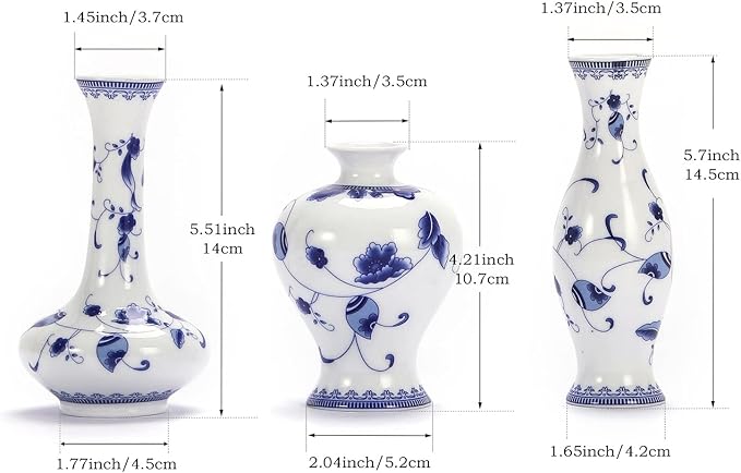 Blue and White Small Bud Vase Set, 3 Petite Classic Oriental Bottle Vases for Window sill, Mini Art Fambe Glaze Floral Porcelain Vase Idea Shelf décor and Coffee Table décor
