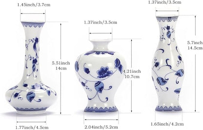 Blue and White Small Bud Vase Set, 3 Petite Classic Oriental Bottle Vases for Window sill, Mini Art Fambe Glaze Floral Porcelain Vase Idea Shelf décor and Coffee Table décor