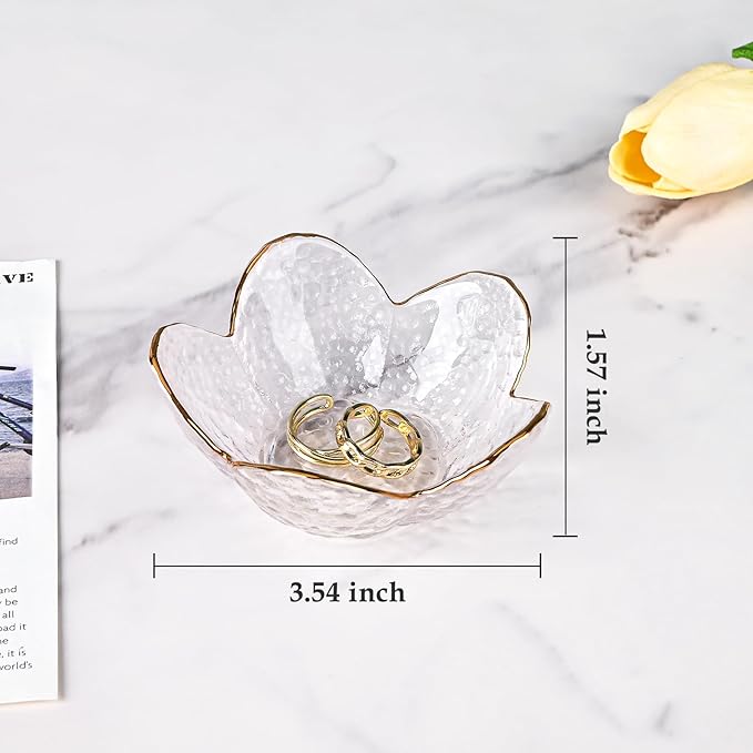 Koythin 3-Piece Glass Jewelry Tray, Small Trinket Holder for Necklace Bracelet Earring, Ring Holders for Bathroom, Aesthetic Trinket Dish, Flower Nightstand Decor for Girl Mom (Transparent White)