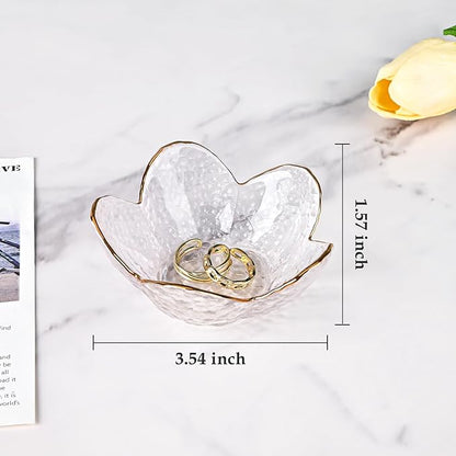 Koythin 2-Piece Glass Jewelry Tray, Small Trinket Holder for Necklace Bracelet Earring, Ring Holders for Bathroom, Aesthetic Trinket Dish, Flower Nightstand Decor for Girl Mom (Transparent White)