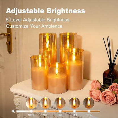 Rechargeable Flameless Candle, Flashing LED Pillar Real Wax Candle with Remote Control and Timer, Gold Glass Electronic Candle, 1 Set of 5（Gold）
