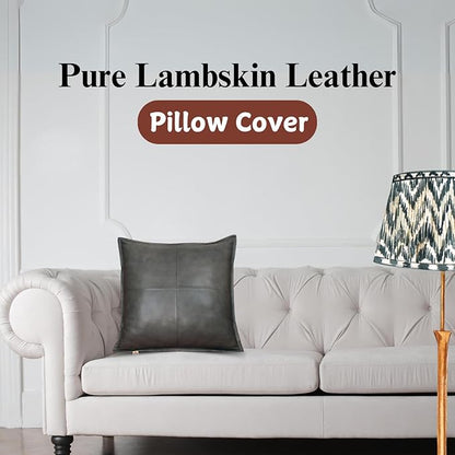 Lambskin Leather Pillow Cover - Sofa Cushion Case - Decorative Throw Covers for Living Room & Bedroom, 22x22 Inches - Grey Antique Box Pack of 2