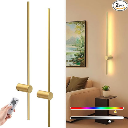 NIORSUN 35.4 Inch Battery Operated Wall Sconce Set of 2,Gold Minimalist Rechargeable LED Wall Lights with Remote, 10 Colors Dimmable Wireless Wall Sconce for Living Room Bedroom Hallway