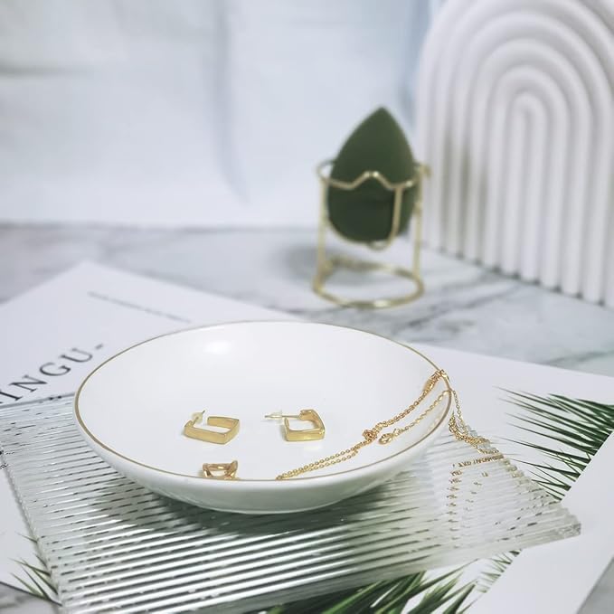 HANKOR 4.75" Ceramic Jewelry Tray, Small Ring Dish Holder Trinket Tray, Catch All Trays for Ring Earring Necklace Key, Christmas Gifts for Women Girls, White